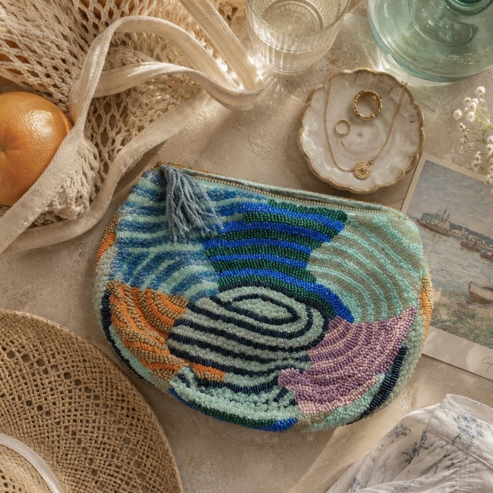 Beaded Clutch Bag Abstract Shell Mermaidcore‎ Blue Sequin Bohemian Beach Summer